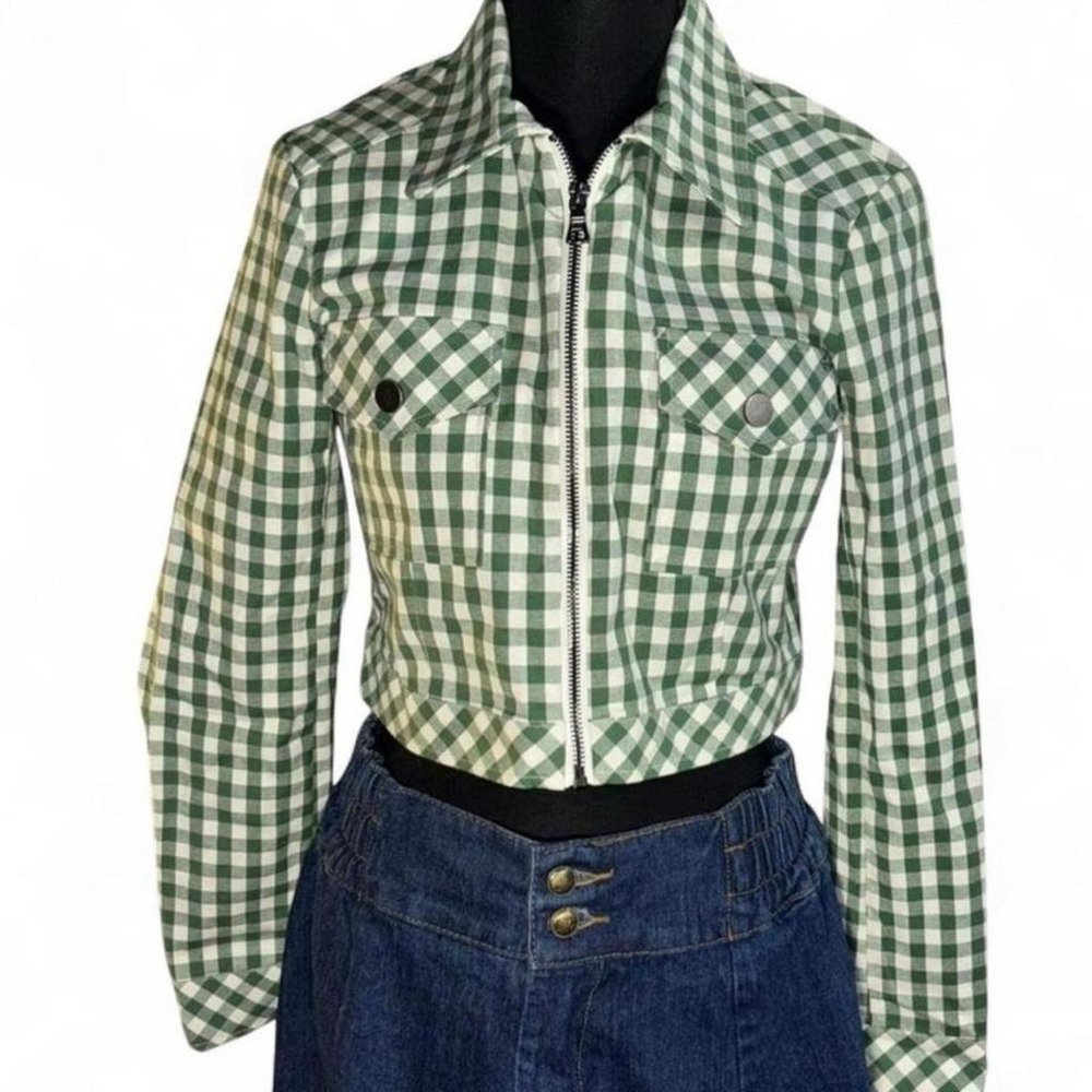 Urban Outfitters Green Gingham Zip-Up  Cropped Top (XS)